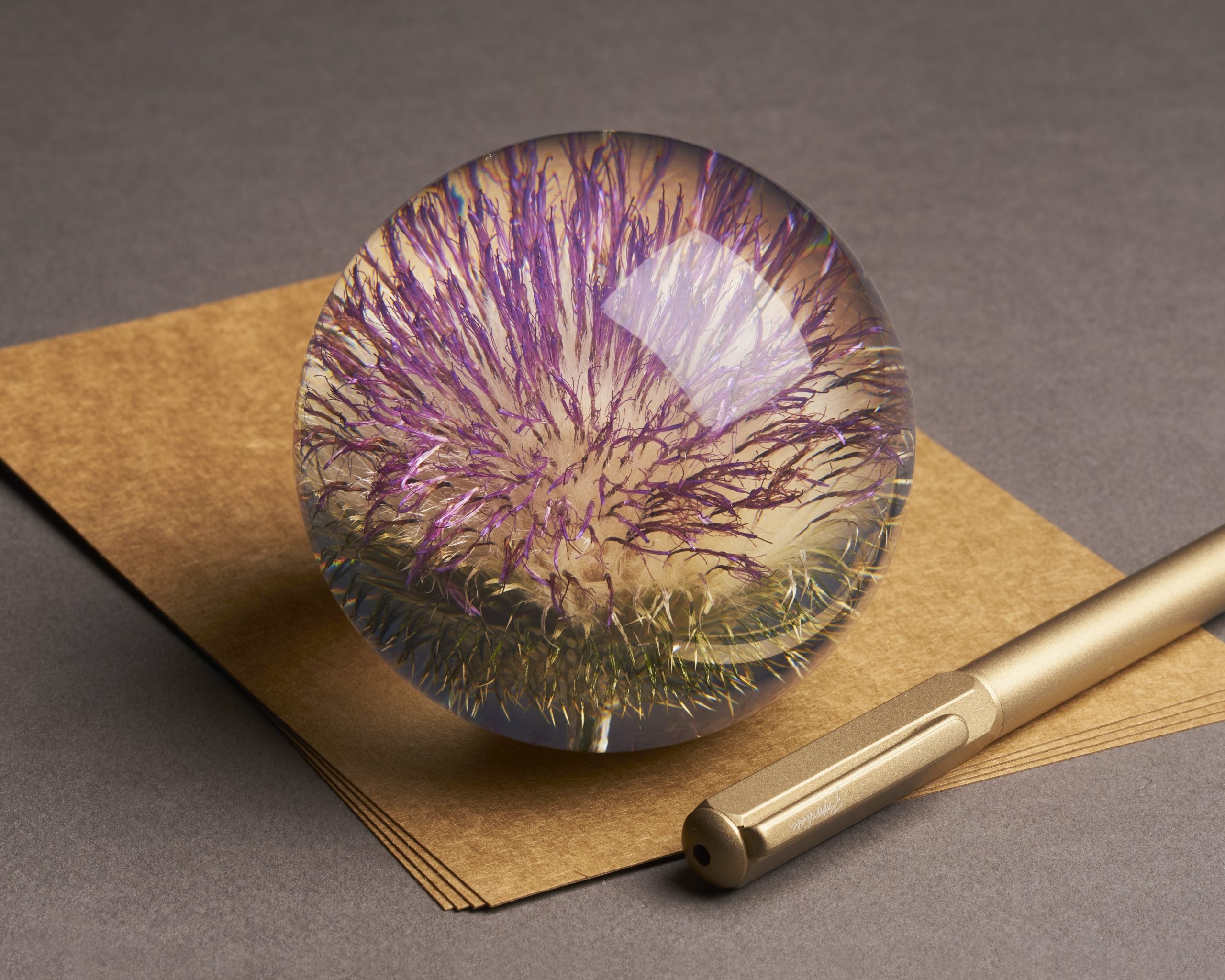 Botanical glass paperweight with a purple thistle displayed on kraft paper beside a gold pen
